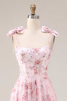 Laden Sie das Bild in den Galerie-Viewer, Glitzerndes Rosa A-Linie Blumen Pailletten Langes Ballkleid mit Schleifen