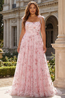 Laden Sie das Bild in den Galerie-Viewer, Glitzerndes Rosa A-Linie Blumen Pailletten Langes Ballkleid mit Schleifen