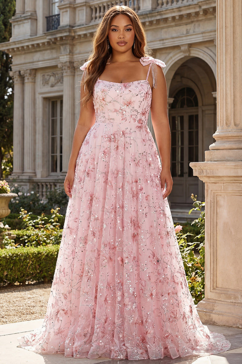 Laden Sie das Bild in den Galerie-Viewer, Glitzerndes Rosa A-Linie Blumen Pailletten Langes Ballkleid mit Schleifen