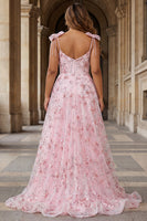 Laden Sie das Bild in den Galerie-Viewer, Glitzerndes Rosa A-Linie Blumen Pailletten Langes Ballkleid mit Schleifen
