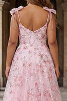 Laden Sie das Bild in den Galerie-Viewer, Glitzerndes Rosa A-Linie Blumen Pailletten Langes Plus Size Ballkleid mit Schleifen