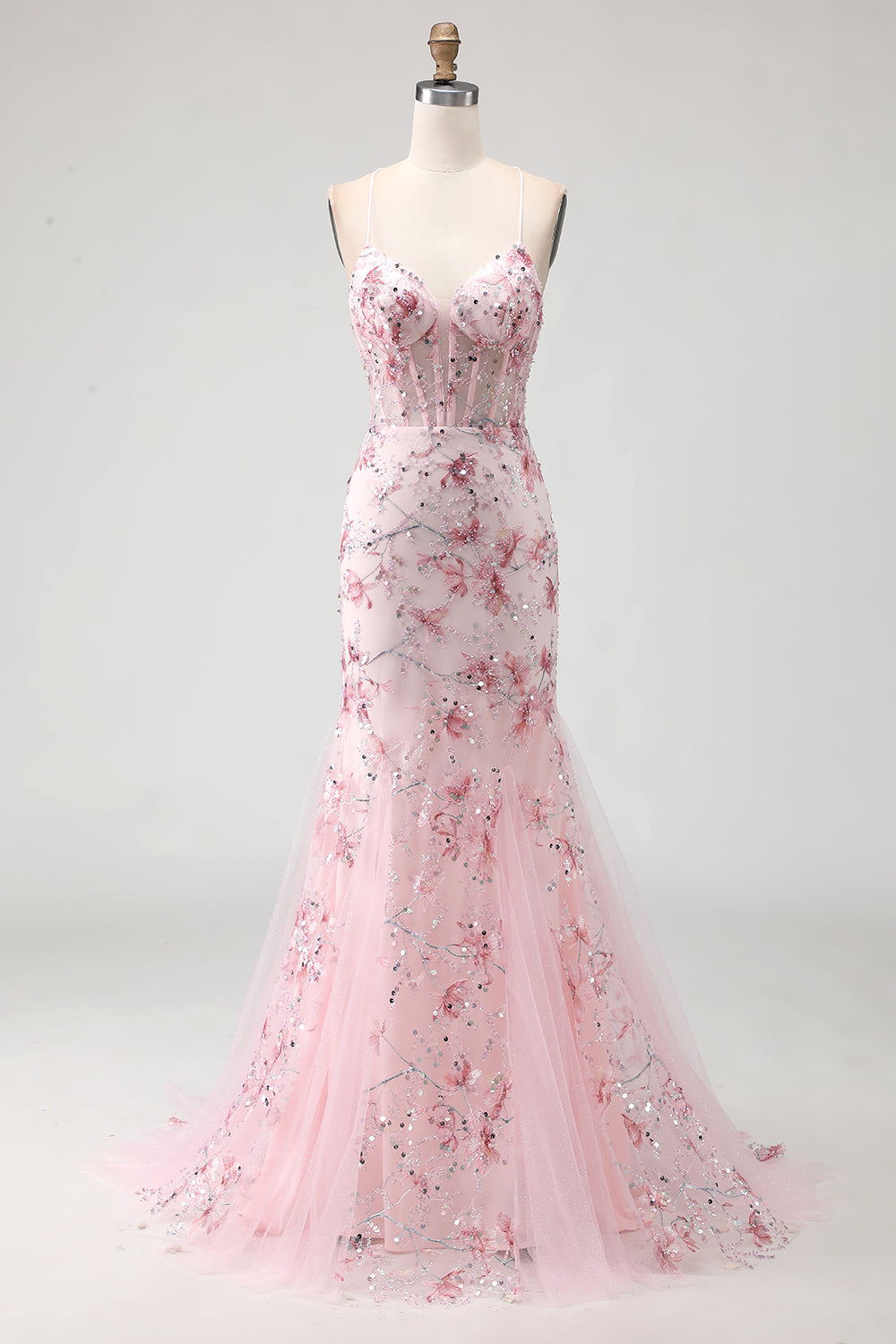 Funkelndes Rosa Blumen Korsett Meerjungfrau Langes Ballkleid mit Pailletten