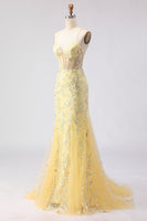 Laden Sie das Bild in den Galerie-Viewer, Gelbes Meerjungfrauen Korsett Geblümtes Schnürung Hinten Langes Ballkleid mit Pailletten