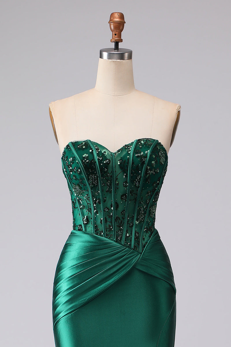 Laden Sie das Bild in den Galerie-Viewer, Dunkelgrünes Meerjungfrauen Trägerloses Korsett Gerafftes Pailletten Abschlussballkleid mit Schlitz