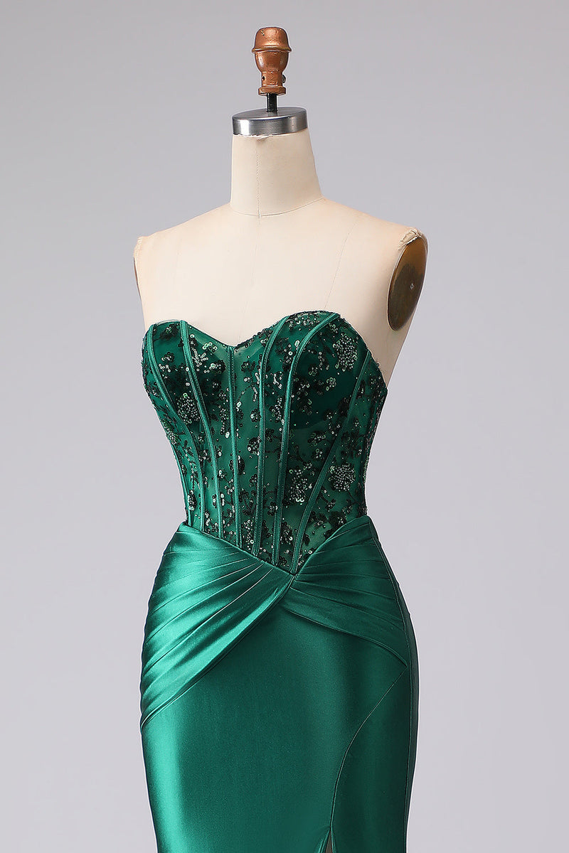 Laden Sie das Bild in den Galerie-Viewer, Dunkelgrünes Meerjungfrauen Trägerloses Korsett Gerafftes Pailletten Abschlussballkleid mit Schlitz