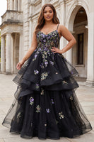 Laden Sie das Bild in den Galerie-Viewer, Schwarze Blumen Pailletten Langes Plus Size Ballkleid mit Rüschen