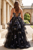 Laden Sie das Bild in den Galerie-Viewer, Schwarze Blumen Pailletten Langes Plus Size Ballkleid mit Rüschen