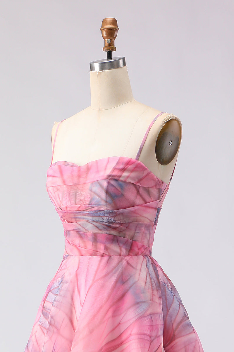 Laden Sie das Bild in den Galerie-Viewer, Rosa A-Linie Muster Tüll Korsett Langes Ballkleid mit Schlitz