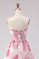 Laden Sie das Bild in den Galerie-Viewer, Trägerloses A-Linie Rosa Jacquard Korsett Langes Ballkleid mit Schlitz