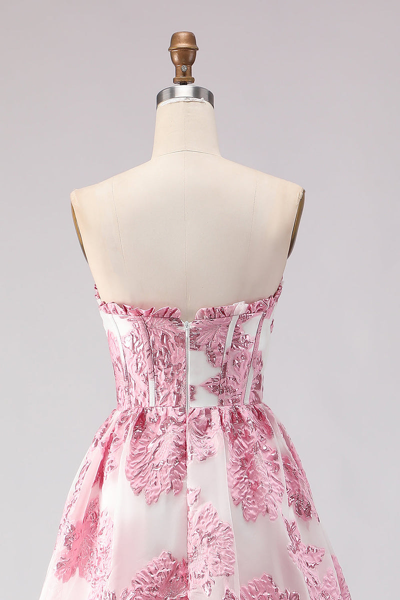 Laden Sie das Bild in den Galerie-Viewer, Trägerloses A-Linie Rosa Jacquard Korsett Langes Ballkleid mit Schlitz