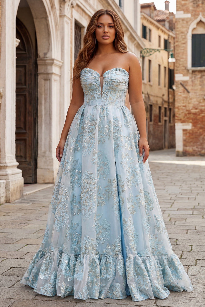 Laden Sie das Bild in den Galerie-Viewer, Trägerloses A-Linie Hellblaues Korsett Jacquard Langes Ballkleid mit Schlitz
