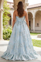 Laden Sie das Bild in den Galerie-Viewer, Trägerloses A-Linie Hellblaues Korsett Jacquard Langes Ballkleid mit Schlitz