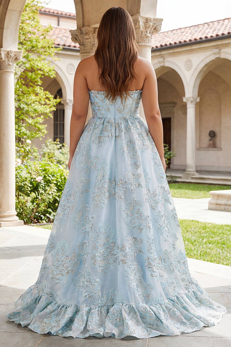 Laden Sie das Bild in den Galerie-Viewer, Trägerloses A-Linie Hellblaues Korsett Jacquard Langes Ballkleid mit Schlitz