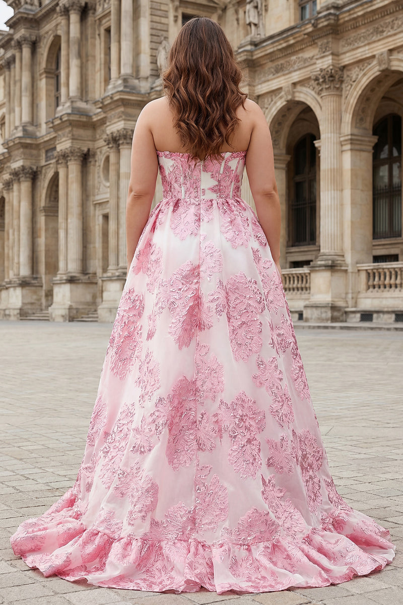 Laden Sie das Bild in den Galerie-Viewer, Trägerloses A-Linie Hellblaues Korsett Jacquard Langes Ballkleid mit Schlitz