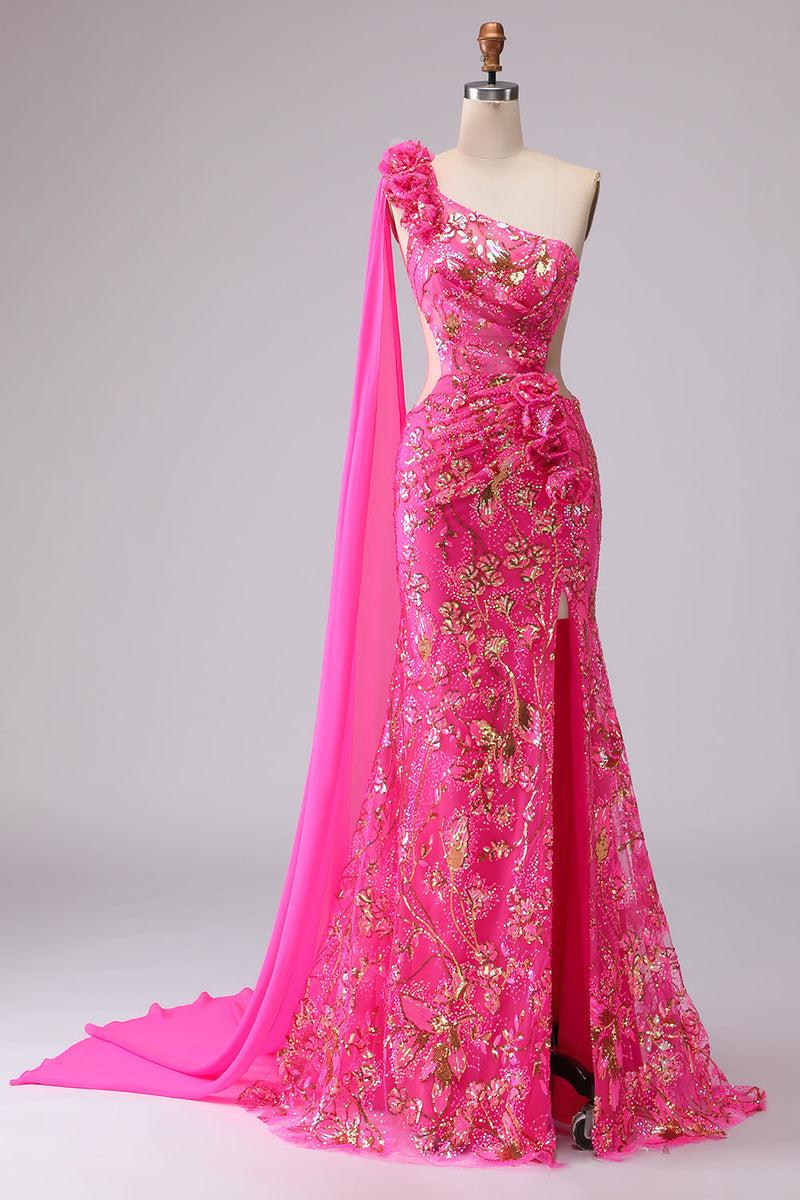 Laden Sie das Bild in den Galerie-Viewer, Fuchsia Meerjungfrau Korsett Langes Abschlussballkleid mit Schlitz