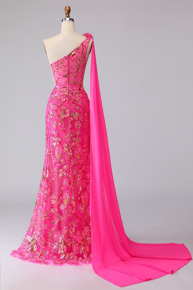Laden Sie das Bild in den Galerie-Viewer, Fuchsia Meerjungfrau Korsett Langes Abschlussballkleid mit Schlitz