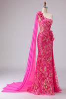 Laden Sie das Bild in den Galerie-Viewer, Fuchsia Meerjungfrau Korsett Langes Abschlussballkleid mit Schlitz