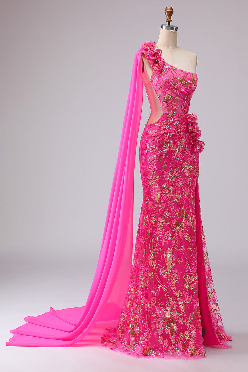 Laden Sie das Bild in den Galerie-Viewer, Fuchsia Meerjungfrau Korsett Langes Abschlussballkleid mit Schlitz