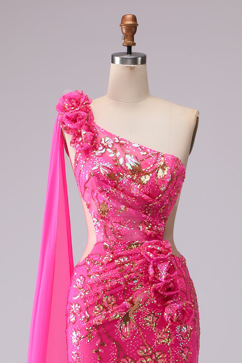 Laden Sie das Bild in den Galerie-Viewer, Fuchsia Meerjungfrau Korsett Langes Abschlussballkleid mit Schlitz