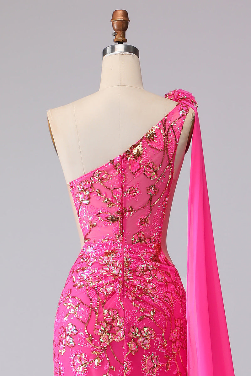 Laden Sie das Bild in den Galerie-Viewer, Fuchsia Meerjungfrau Korsett Langes Abschlussballkleid mit Schlitz