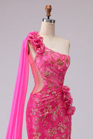 Laden Sie das Bild in den Galerie-Viewer, Fuchsia Meerjungfrau Korsett Langes Abschlussballkleid mit Schlitz