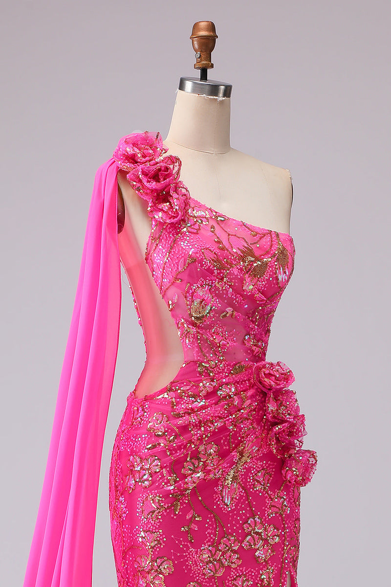 Laden Sie das Bild in den Galerie-Viewer, Fuchsia Meerjungfrau Korsett Langes Abschlussballkleid mit Schlitz