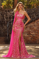 Laden Sie das Bild in den Galerie-Viewer, Fuchsia Meerjungfrau Korsett Langes Abschlussballkleid mit Schlitz