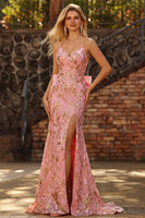 Laden Sie das Bild in den Galerie-Viewer, Glitzerndes Rosa Meerjungfrauen Pailletten Rücken Schleifen Langes Ballkleid mit Schlitz