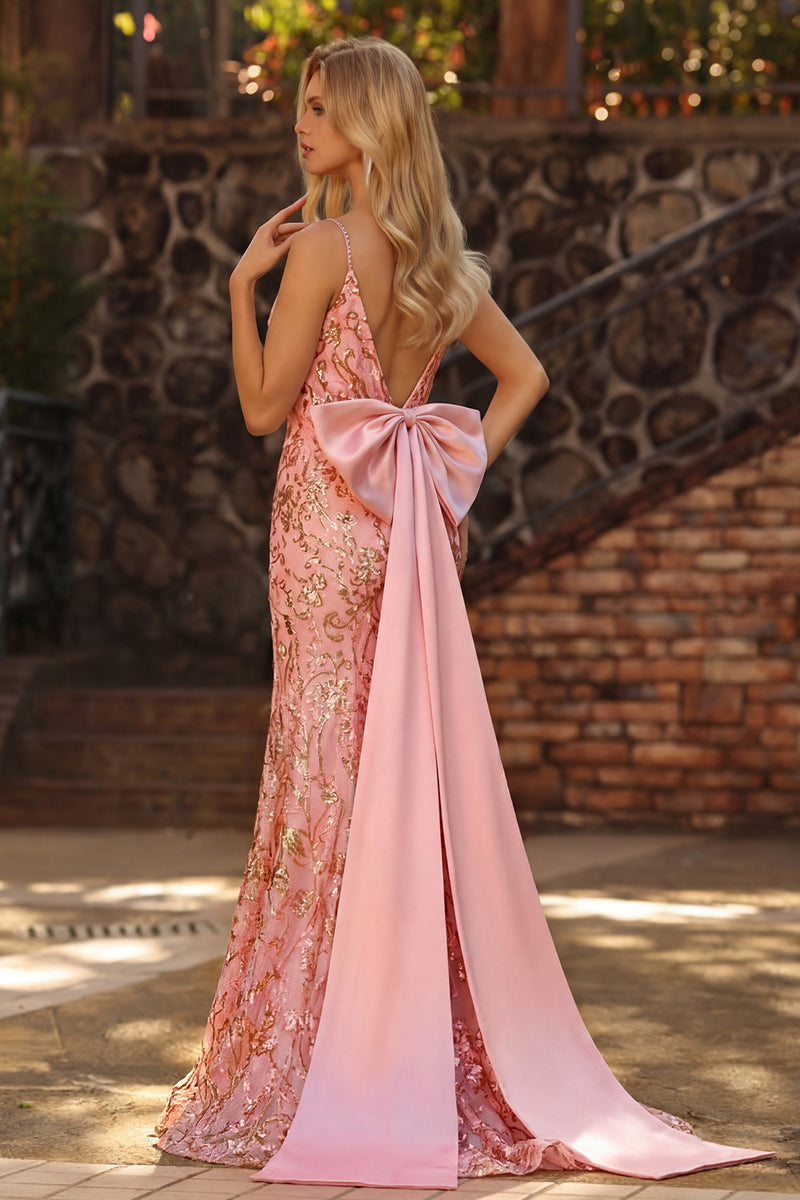 Laden Sie das Bild in den Galerie-Viewer, Glitzerndes Rosa Meerjungfrauen Pailletten Rücken Schleifen Langes Ballkleid mit Schlitz