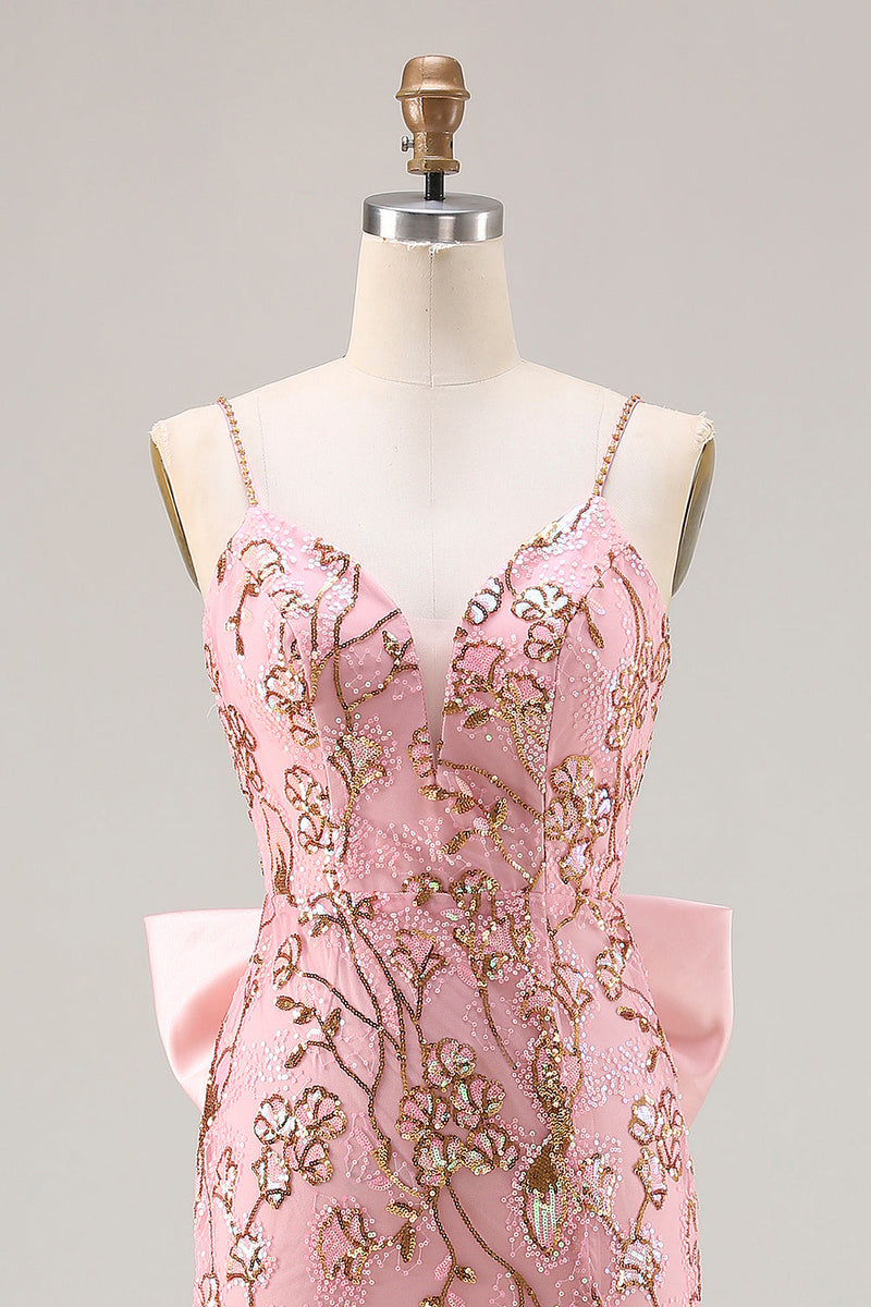 Laden Sie das Bild in den Galerie-Viewer, Glitzerndes Rosa Meerjungfrauen Pailletten Rücken Schleifen Langes Ballkleid mit Schlitz