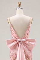 Laden Sie das Bild in den Galerie-Viewer, Glitzerndes Rosa Meerjungfrauen Pailletten Rücken Schleifen Langes Ballkleid mit Schlitz
