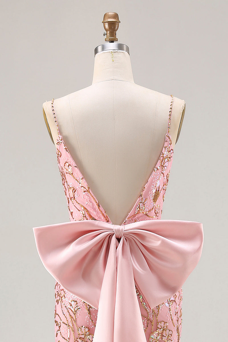 Laden Sie das Bild in den Galerie-Viewer, Glitzerndes Rosa Meerjungfrauen Pailletten Rücken Schleifen Langes Ballkleid mit Schlitz