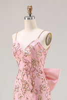 Laden Sie das Bild in den Galerie-Viewer, Glitzerndes Rosa Meerjungfrauen Pailletten Rücken Schleifen Langes Ballkleid mit Schlitz