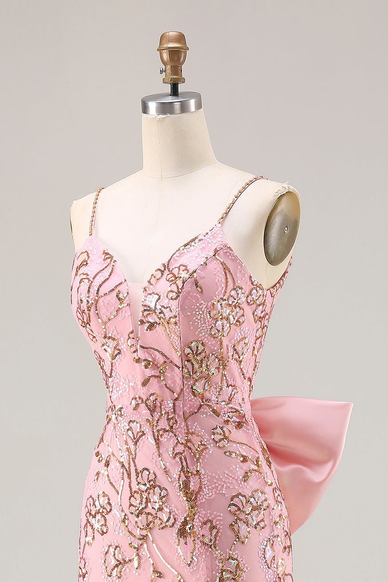 Laden Sie das Bild in den Galerie-Viewer, Glitzerndes Rosa Meerjungfrauen Pailletten Rücken Schleifen Langes Ballkleid mit Schlitz