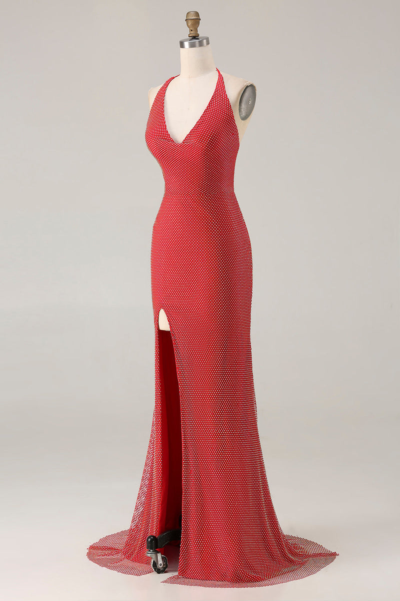 Laden Sie das Bild in den Galerie-Viewer, Rotes Neckholder Strasssteinen Meerjungfrauen Langes Ballkleid mit Schlitz