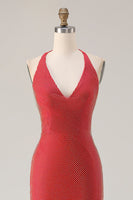 Laden Sie das Bild in den Galerie-Viewer, Rotes Neckholder Strasssteinen Meerjungfrauen Langes Ballkleid mit Schlitz