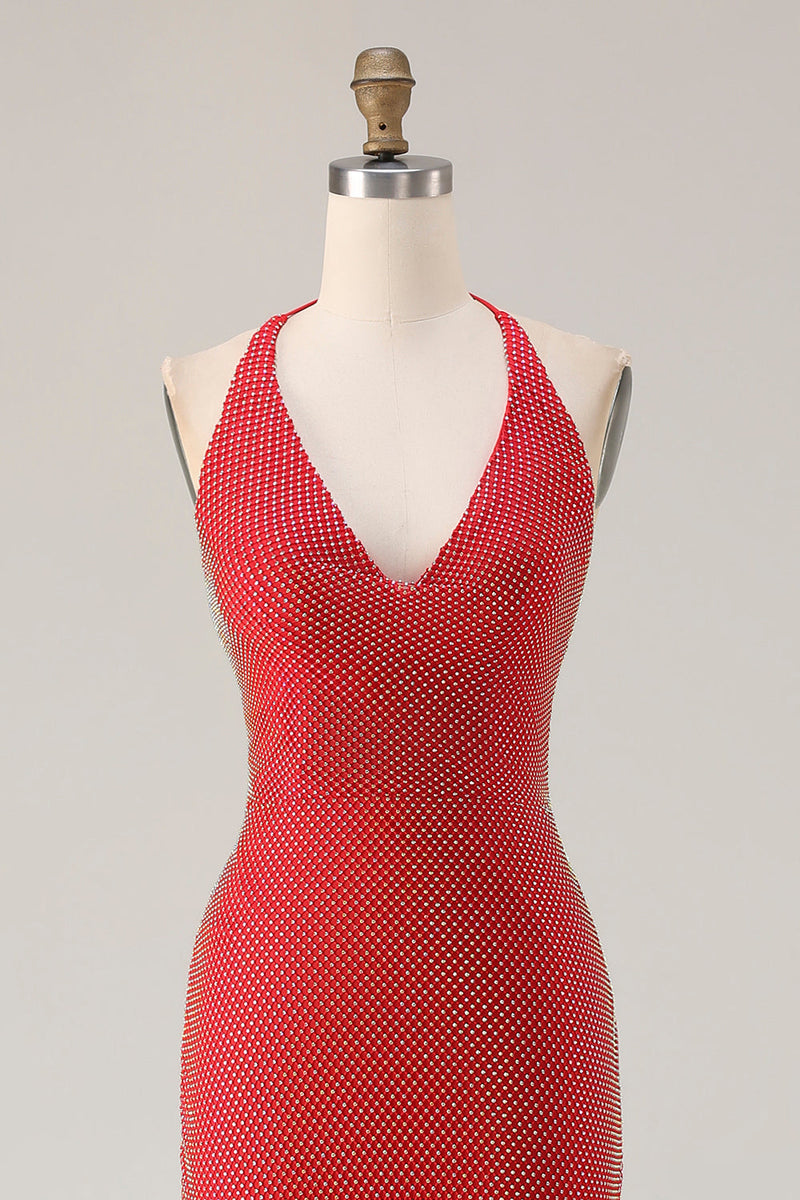 Laden Sie das Bild in den Galerie-Viewer, Rotes Neckholder Strasssteinen Meerjungfrauen Langes Ballkleid mit Schlitz