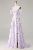 Laden Sie das Bild in den Galerie-Viewer, Schulterfreies Flieder A-Linie Korsett Geblümtes Langes Ballkleid mit Schlitz