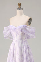 Laden Sie das Bild in den Galerie-Viewer, Schulterfreies Flieder A-Linie Korsett Geblümtes Langes Ballkleid mit Schlitz