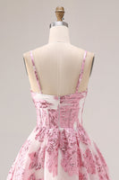 Laden Sie das Bild in den Galerie-Viewer, Rosa A-Linie Jacquard Langes Ballkleid mit 3D-Blume