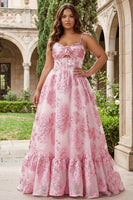 Laden Sie das Bild in den Galerie-Viewer, Rosa A-Linie Jacquard Langes Ballkleid mit 3D-Blume