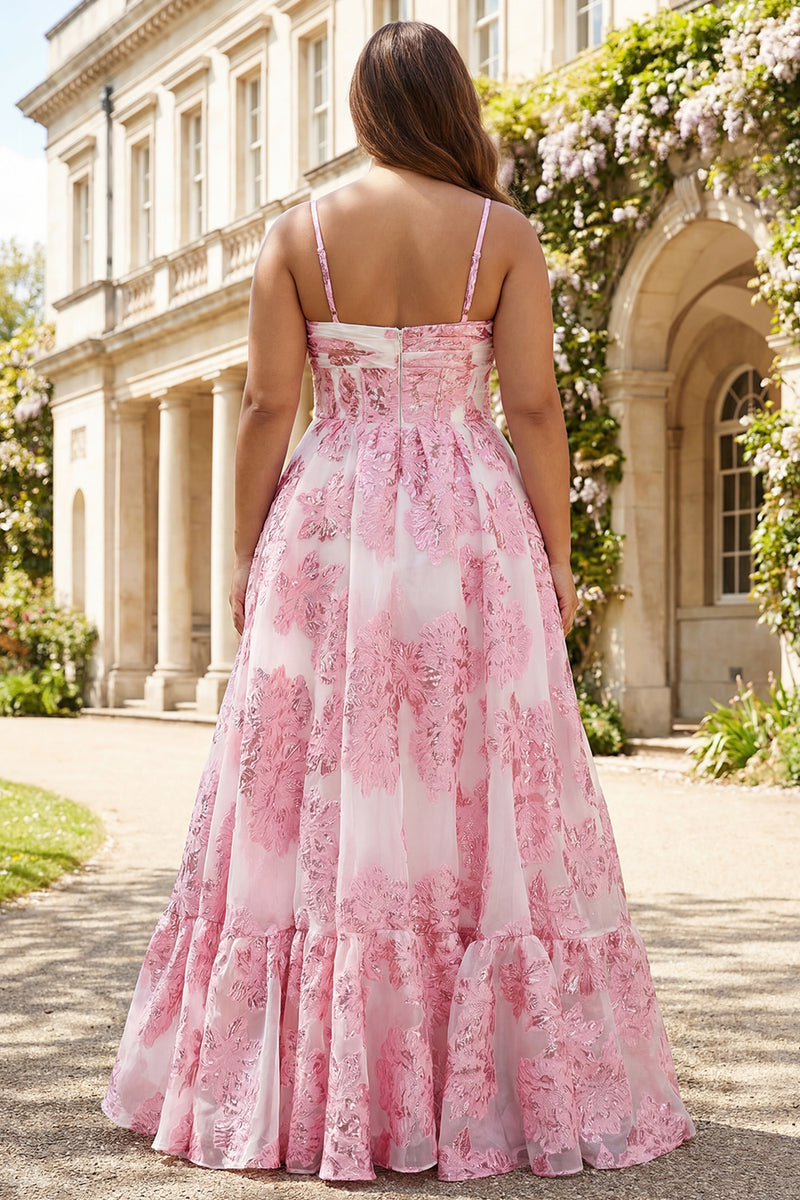 Laden Sie das Bild in den Galerie-Viewer, Rosa A-Linie Jacquard Langes Ballkleid mit 3D-Blume