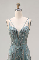 Laden Sie das Bild in den Galerie-Viewer, Glitzerndes Graugrünes Meerjungfrauen Perlen Pailletten Langes Ballkleid