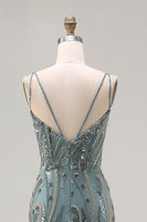 Laden Sie das Bild in den Galerie-Viewer, Glitzerndes Graugrünes Meerjungfrauen Perlen Pailletten Langes Ballkleid