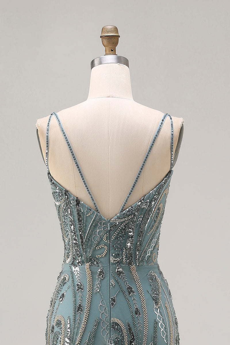 Laden Sie das Bild in den Galerie-Viewer, Glitzerndes Graugrünes Meerjungfrauen Perlen Pailletten Langes Ballkleid