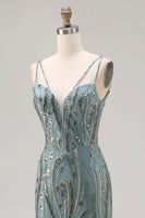 Laden Sie das Bild in den Galerie-Viewer, Glitzerndes Graugrünes Meerjungfrauen Perlen Pailletten Langes Ballkleid