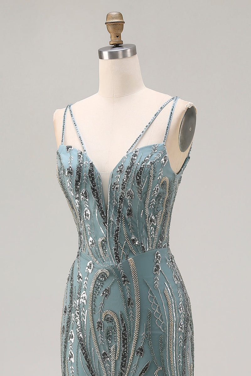 Laden Sie das Bild in den Galerie-Viewer, Glitzerndes Graugrünes Meerjungfrauen Perlen Pailletten Langes Ballkleid