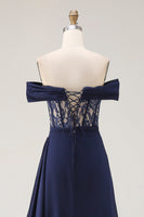 Laden Sie das Bild in den Galerie-Viewer, Marineblaues Schulterfreies A-Linie Korsett Langes Ballkleid mit Schnürung Rücken