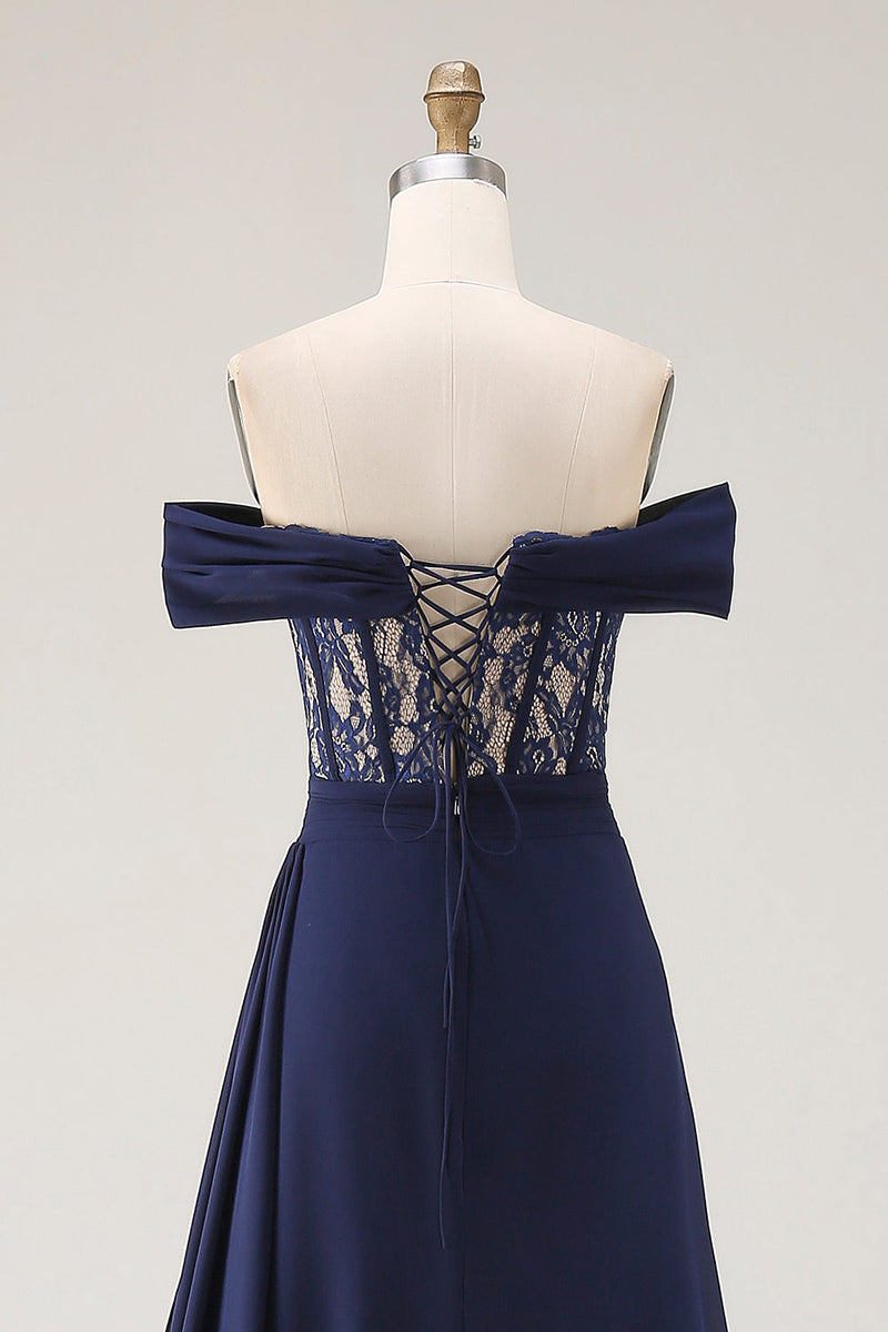 Laden Sie das Bild in den Galerie-Viewer, Marineblaues Schulterfreies A-Linie Korsett Langes Ballkleid mit Schnürung Rücken