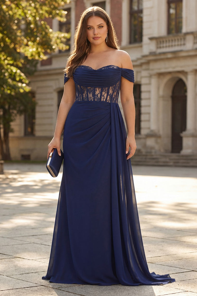 Laden Sie das Bild in den Galerie-Viewer, Marineblaues Schulterfreies A-Linie Korsett Langes Ballkleid mit Schnürung Rücken